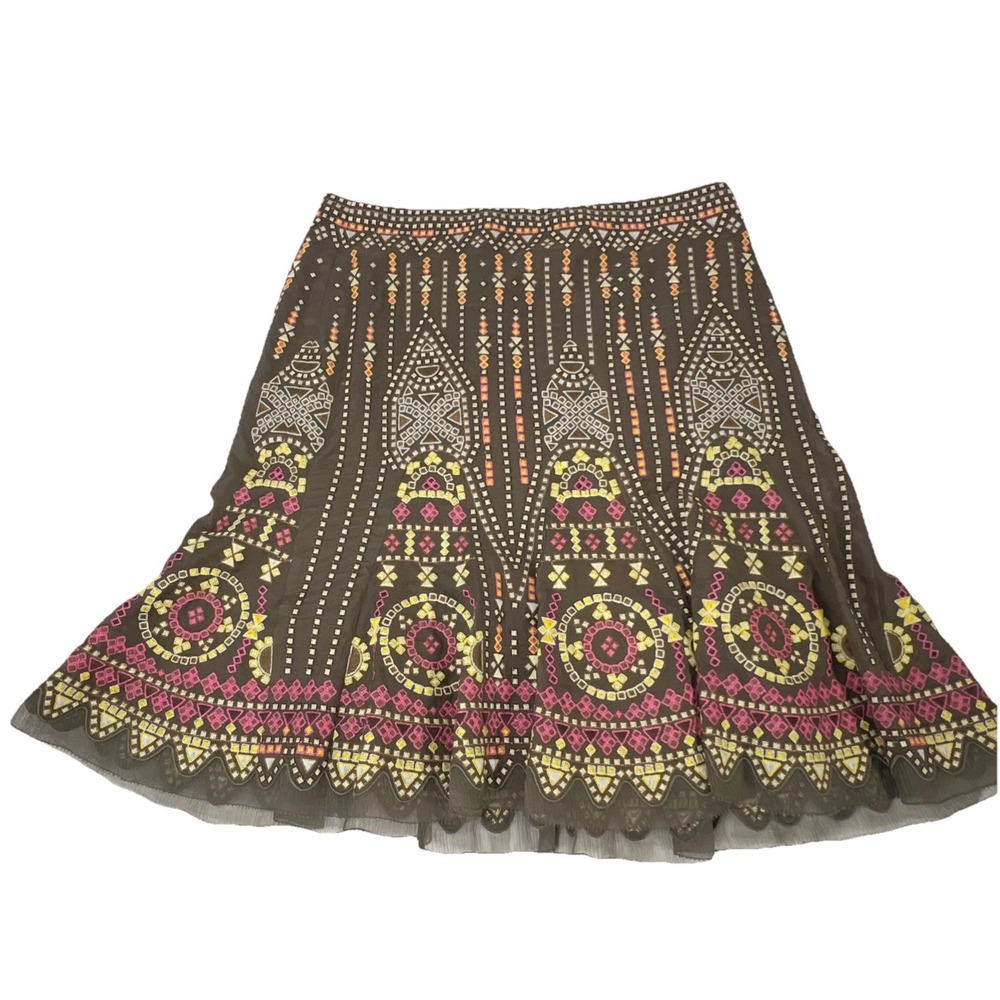 Elie Tahari,‎ Native American Pink Yellow Embroidery  Silk Lined Skirt Size 2